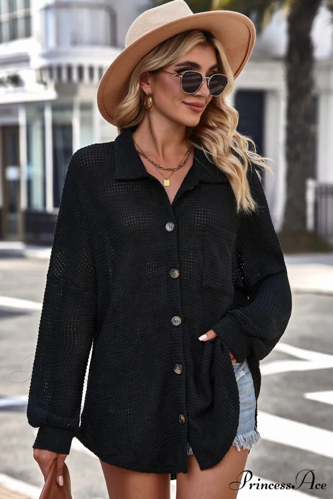 with Blouse Waffle-Knit Dropped Neck Collared Shoulder Black / S