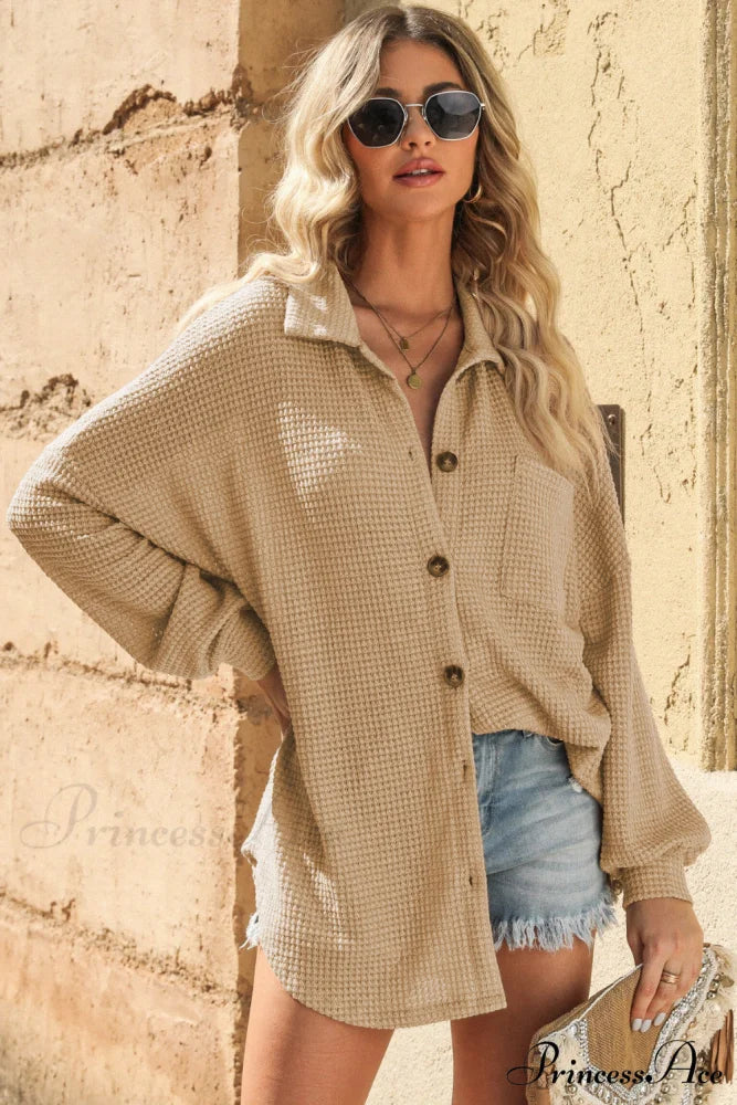 with Blouse Waffle-Knit Dropped Neck Collared Shoulder Sand / S