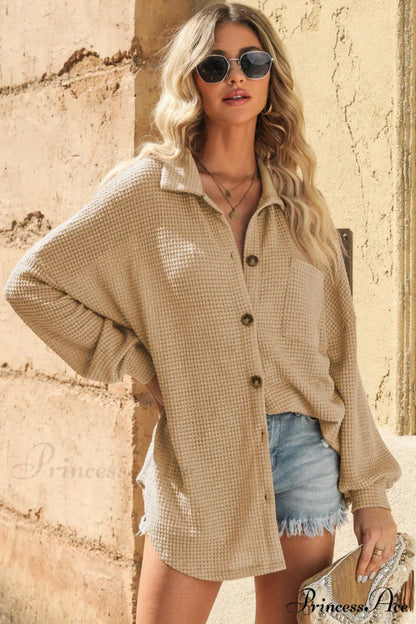 with Blouse Waffle-Knit Dropped Neck Collared Shoulder Sand / S