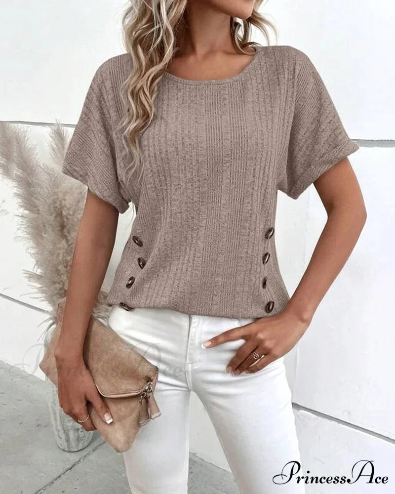 with Button Batwing Tee Arm Detail Brown / S
