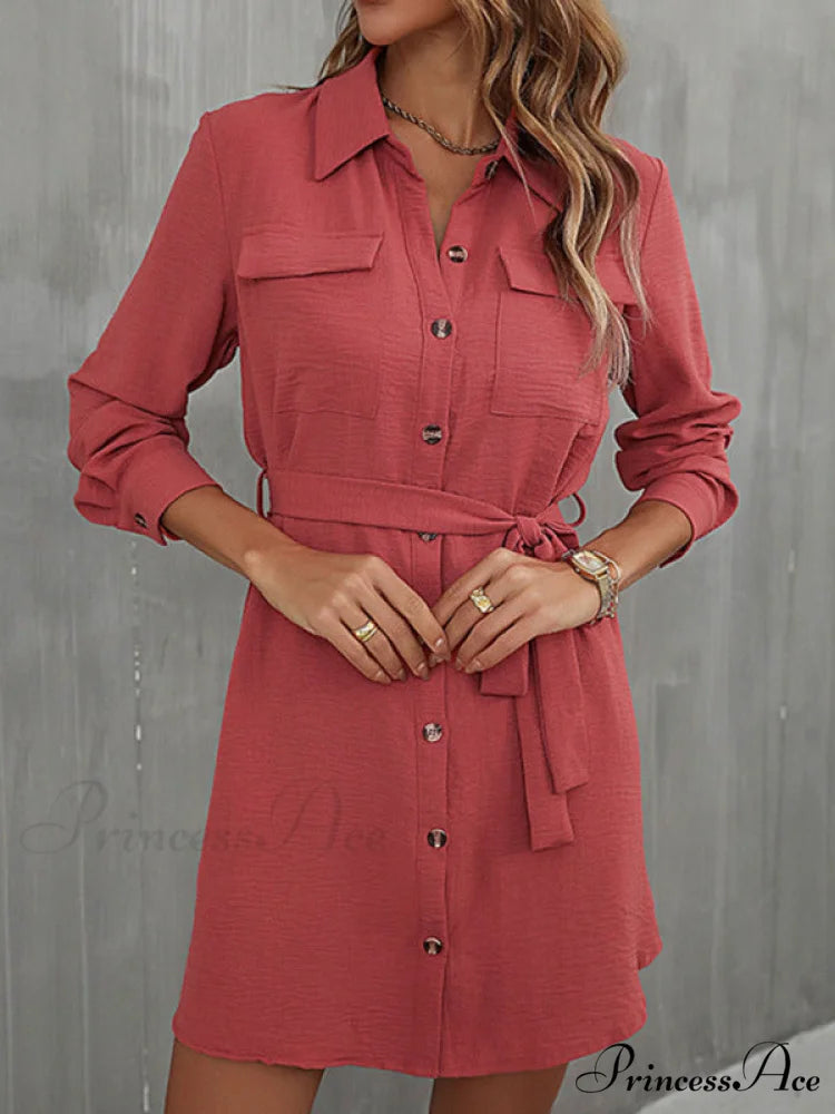 With Button Down Mini Gown Collared Waist for Tie Women