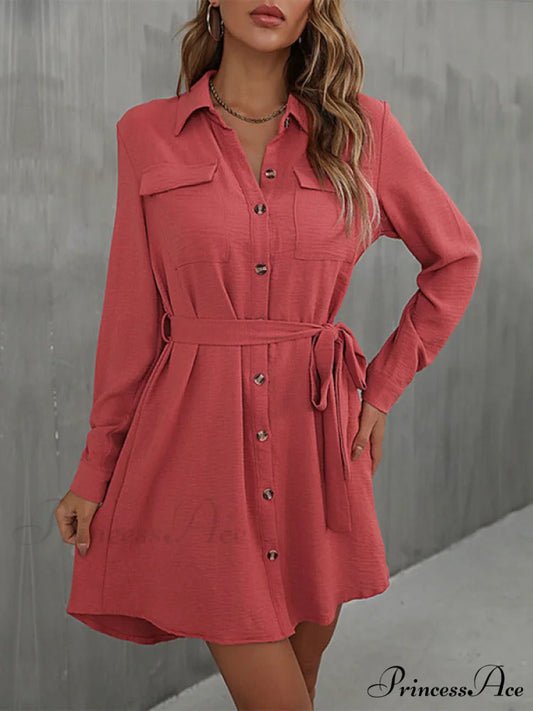 With Button Down Mini Gown Collared Waist for Tie Women Red / S