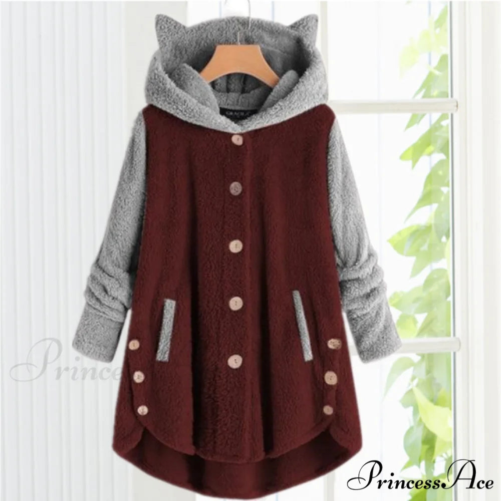 with Coat Cat Hooded Ears Red / S