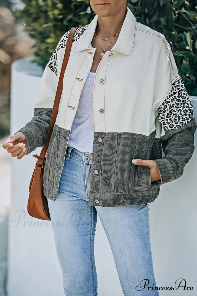 with Corduroy Block Shacket Leopard Color Buttons Gray / S