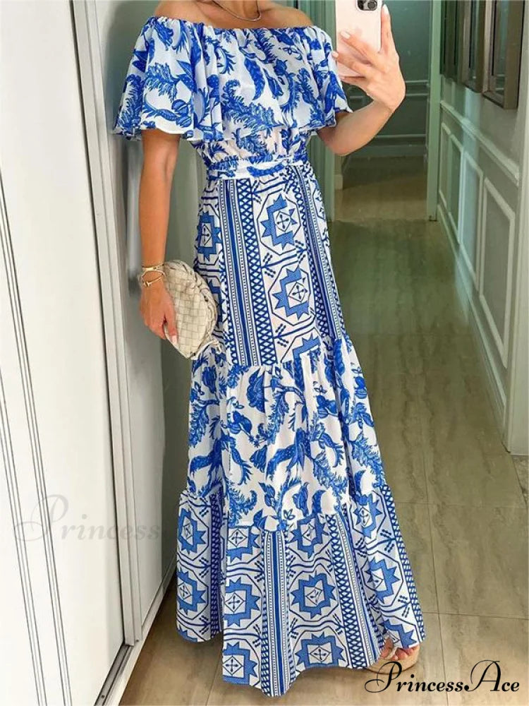 with Design Shoulder Full-Length Gown Geometric Off Ruffle Design M / Blue