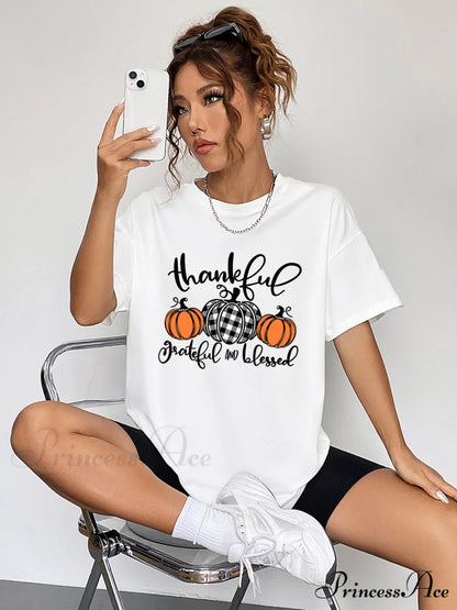 with Fall Graphic T-Shirt Neck Thanksgiving Round Season and Brief Sleeves