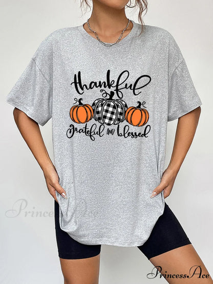 with Fall Graphic T-Shirt Neck Thanksgiving Round Season and Brief Sleeves Cloudy Blue / S