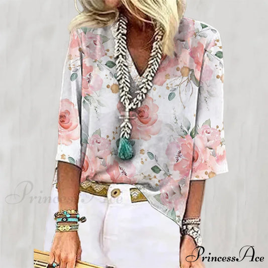 with Flowered Casual Blouse Print Pink / S