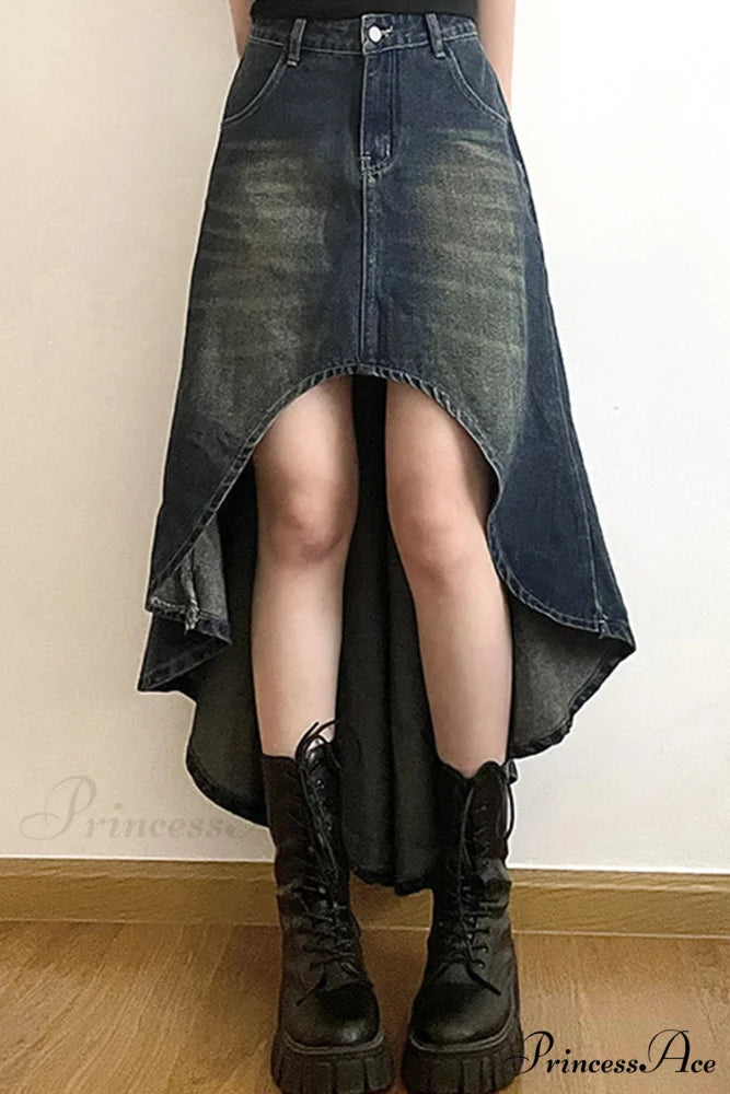 with Irregular Skirt Denim Distressed High Rise Wash