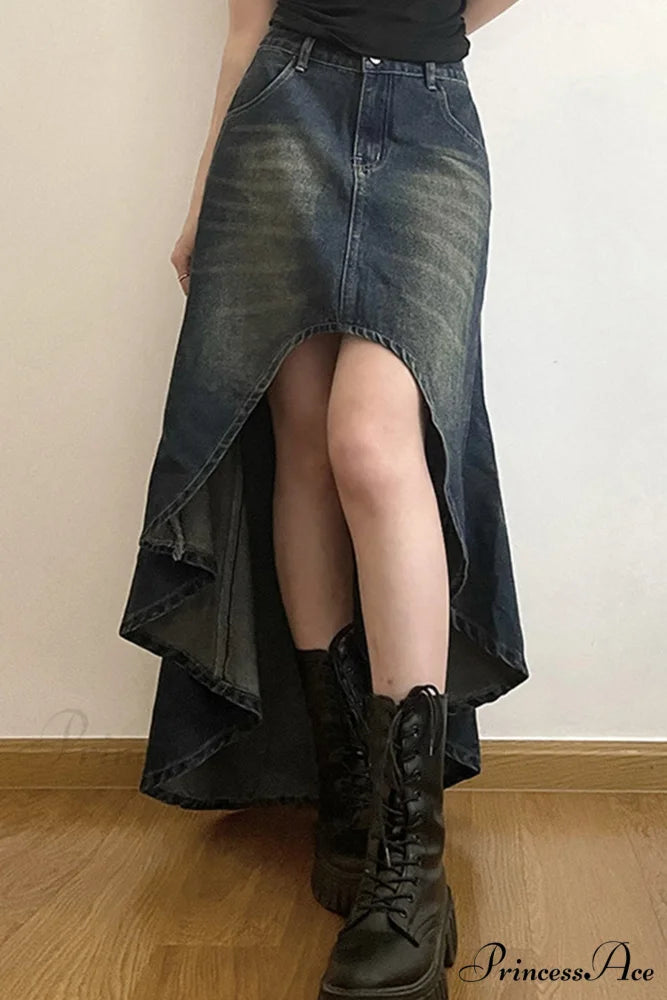 with Irregular Skirt Denim Distressed High Rise Wash Blue / M