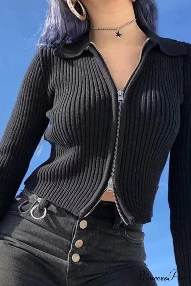with Knit Cardigan Two-way Zipper Black / One Size