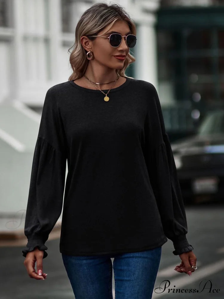 with Neck Dropped Flounce Round Arm and T-Shirt Shoulder Black / S