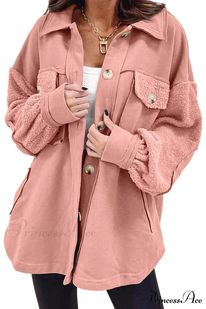with Oversized Seam Blossom Exposed Peach Shacket Elbow Patch