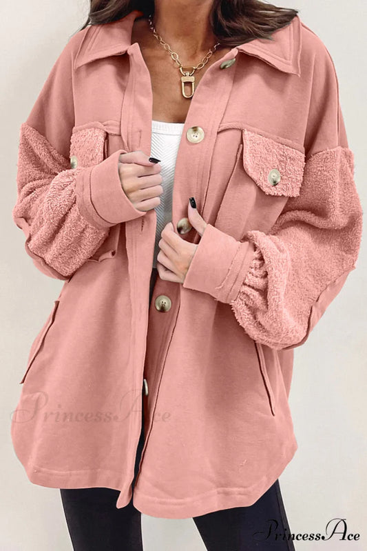 with Oversized Seam Blossom Exposed Peach Shacket Elbow Patch Peach Blossom / S / 50% Polyester + 50% Cotton