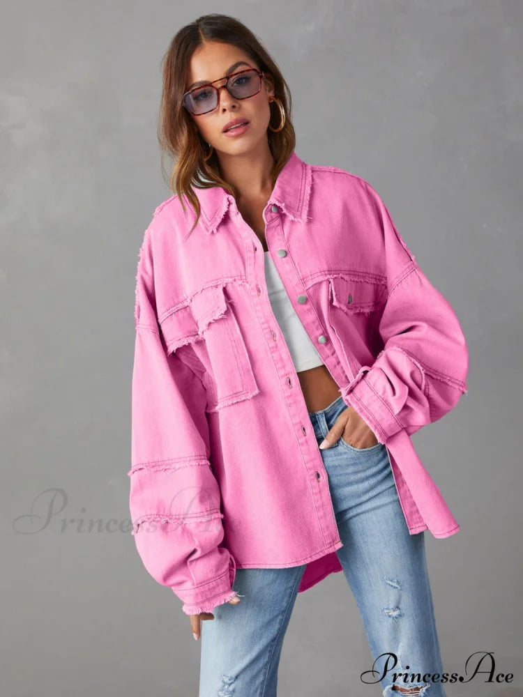 with Raw Jacket Dropped Hem Shoulder Hot Pink / S