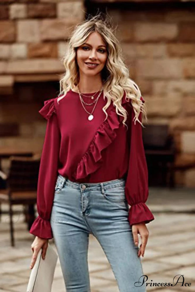 with Ruffled Long Top Arm Round Neck Deep Red / S