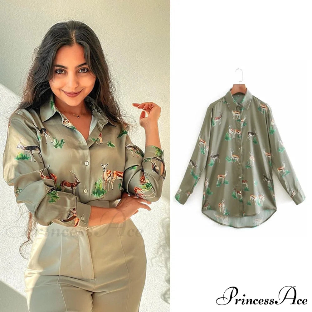 with Satin Blouse Design Arm - Long Women’s Zebra Top Army Green / XS