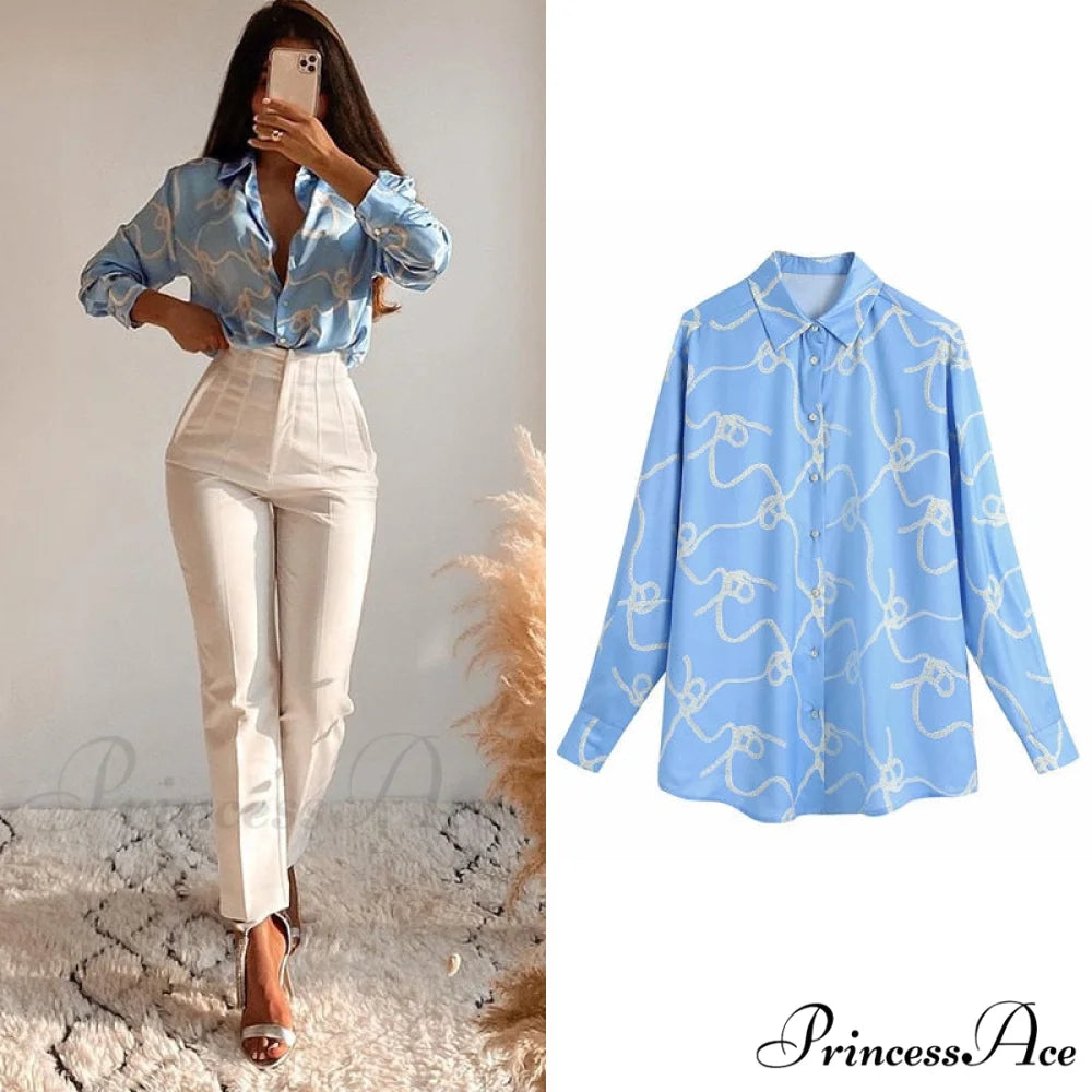 with Satin Blouse Design Arm - Long Women’s Zebra Top Blue-02 / XS