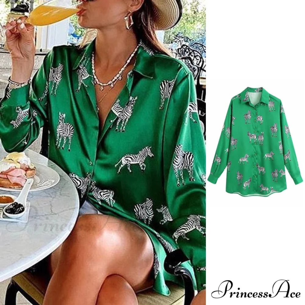 with Satin Blouse Design Arm - Long Women’s Zebra Top green / XS