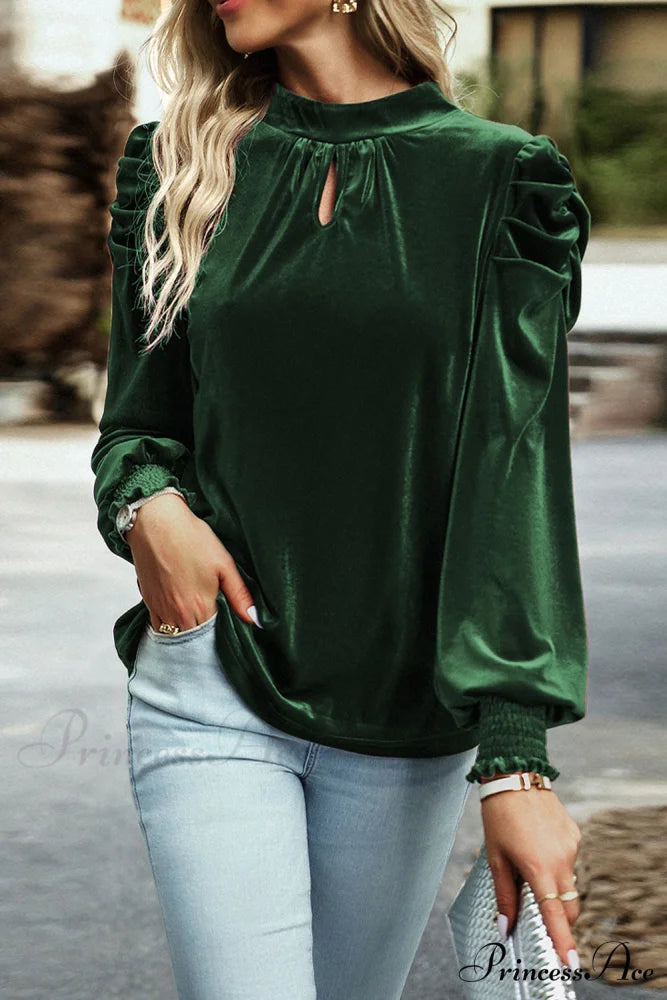 with Sleeves Velvet Puff and Neck Blackish in Mock Blouse Green