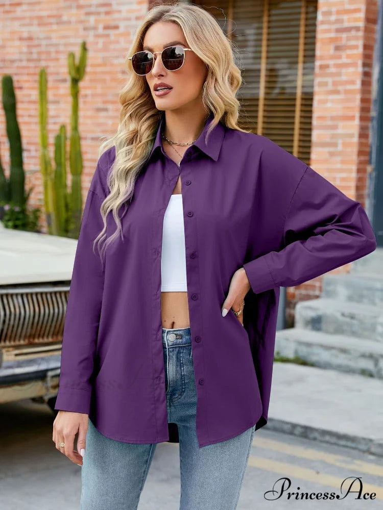 with Spring Blouse - Cotton Top Neckline Blouse Women’s Colors Candy and Long 2024 Turn-down Elegant Sleeves Purple / S