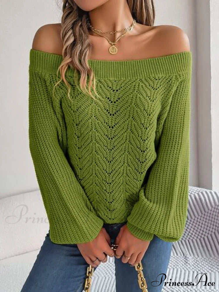 with Sweater Arm Long Openwork Off-Shoulder Design Moss / S