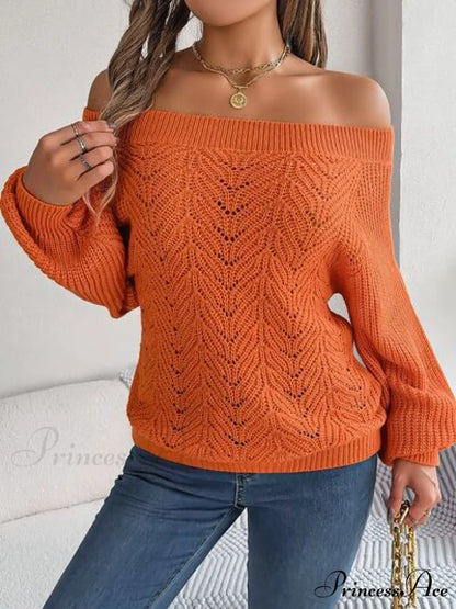 with Sweater Arm Long Openwork Off-Shoulder Design Pumpkin / S