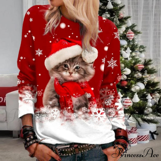 with T-Shirt Christmas Cat Print Red / S