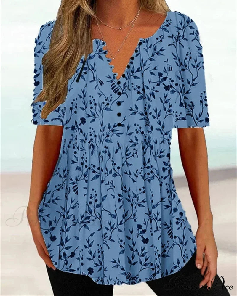 with T-shirt V-neck short printed sleeves Blue / S