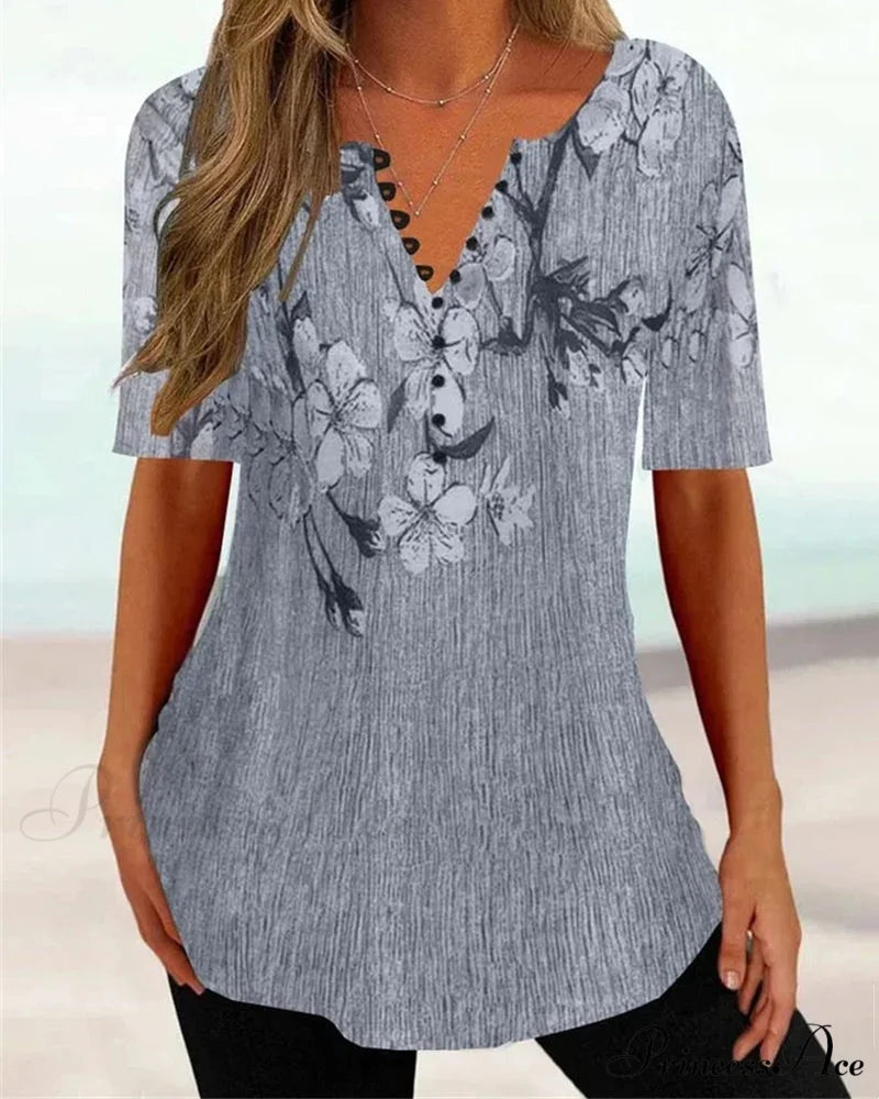 with T-shirt V-neck short printed sleeves Gray / S