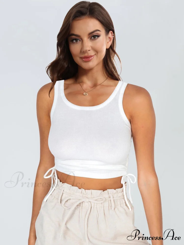 with Tank Round Neck Ruched Drawstring White / S
