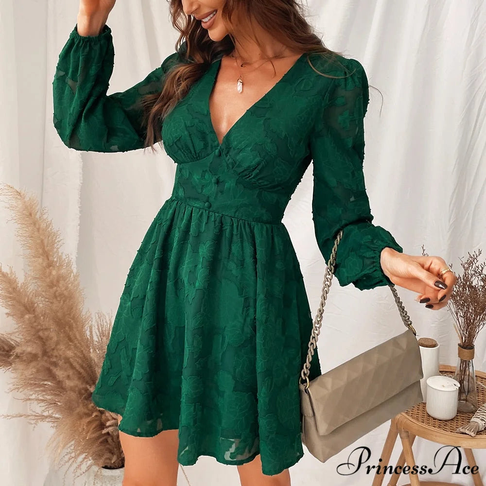 Woman Green Sexy Long Sleeve Party Dress Green / M