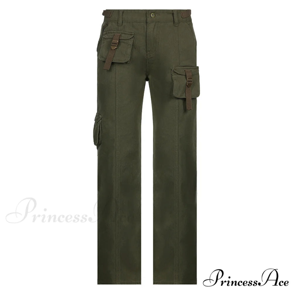 Woman High Waist Baggy Straight Leg Jeans Army green / S