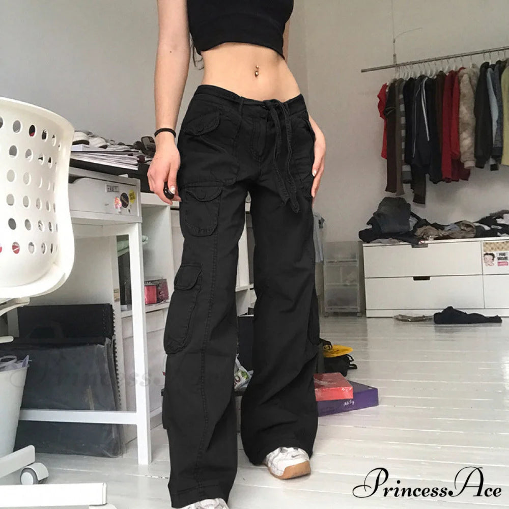 Woman High Waist Baggy Straight Leg Jeans Black / S