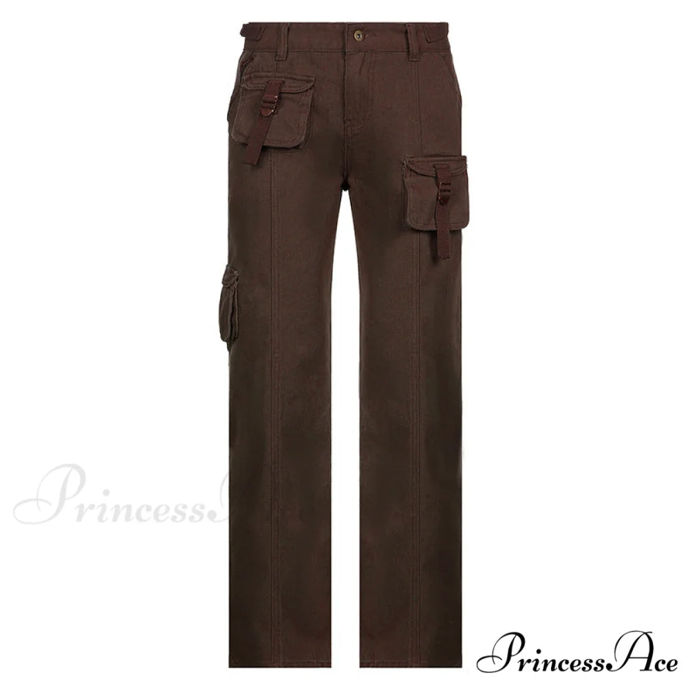 Woman High Waist Baggy Straight Leg Jeans Brown / S