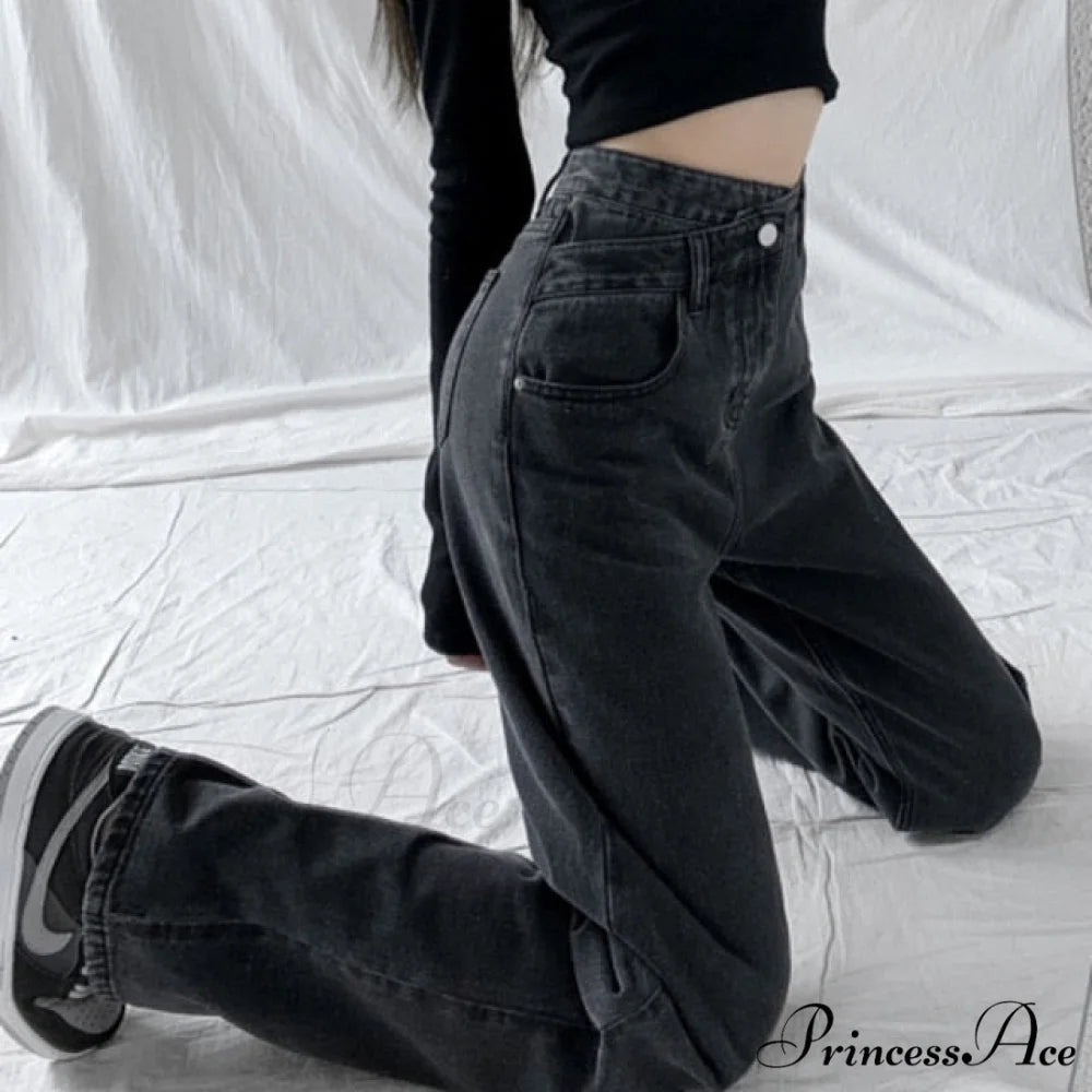 Woman Jeans High Waist Denim Pants Dark grey / S