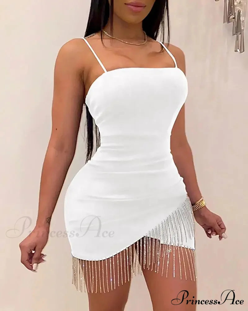 Woman Party Night Birthday Tassel Split Sleeveless Bodycon Mini Dress WHITE / S