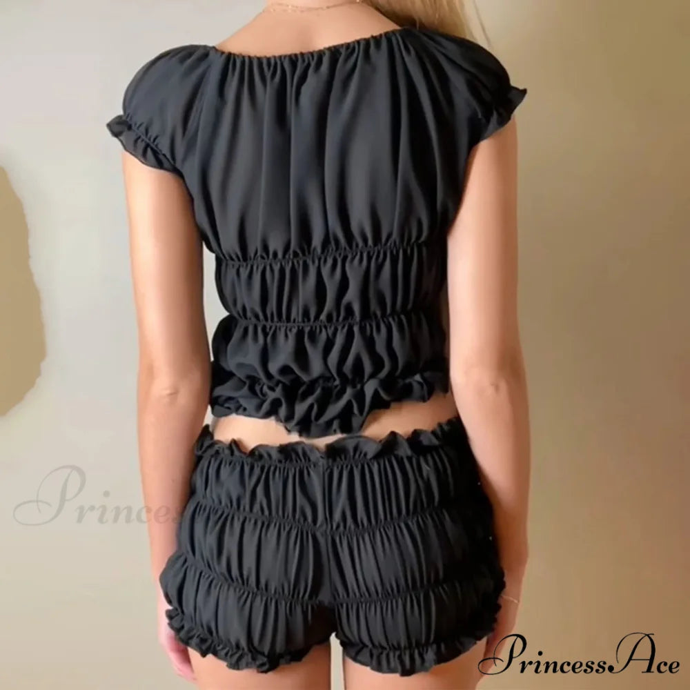 Women 2 Piece Matching Set Ruffle Off Shoulder Smocked Tops and Bloomers Coquette Pajamas Short