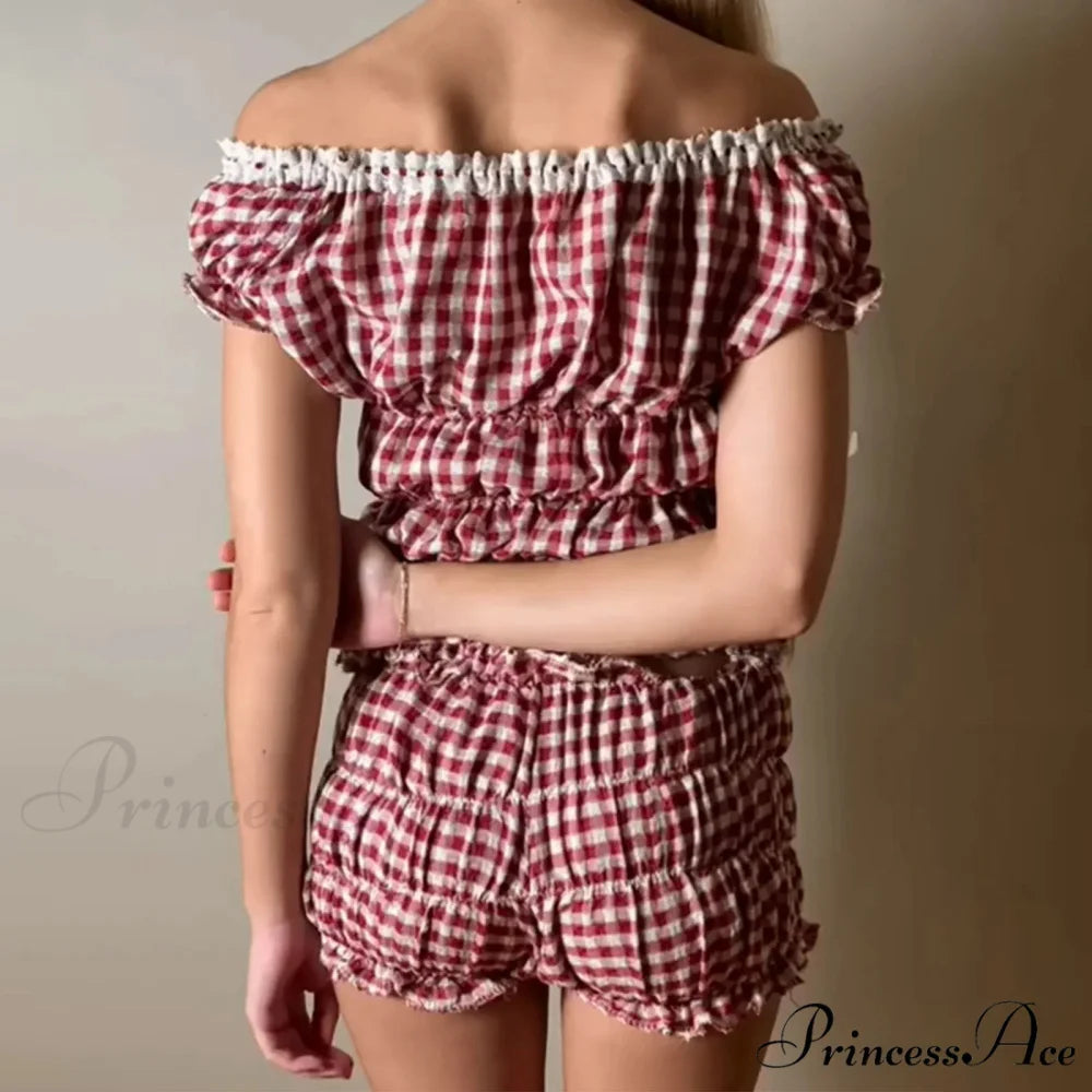 Women 2 Piece Matching Set Ruffle Off Shoulder Smocked Tops and Bloomers Coquette Pajamas Short