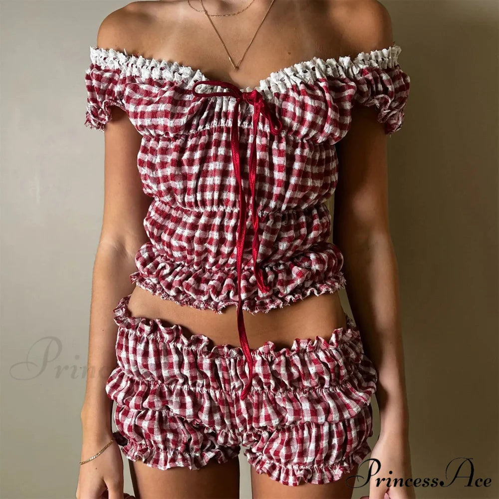 Women 2 Piece Matching Set Ruffle Off Shoulder Smocked Tops and Bloomers Coquette Pajamas Short
