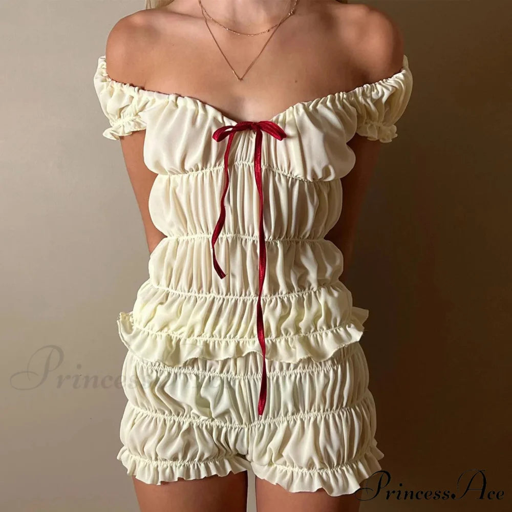 Women 2 Piece Matching Set Ruffle Off Shoulder Smocked Tops and Bloomers Coquette Pajamas Short Beige / S