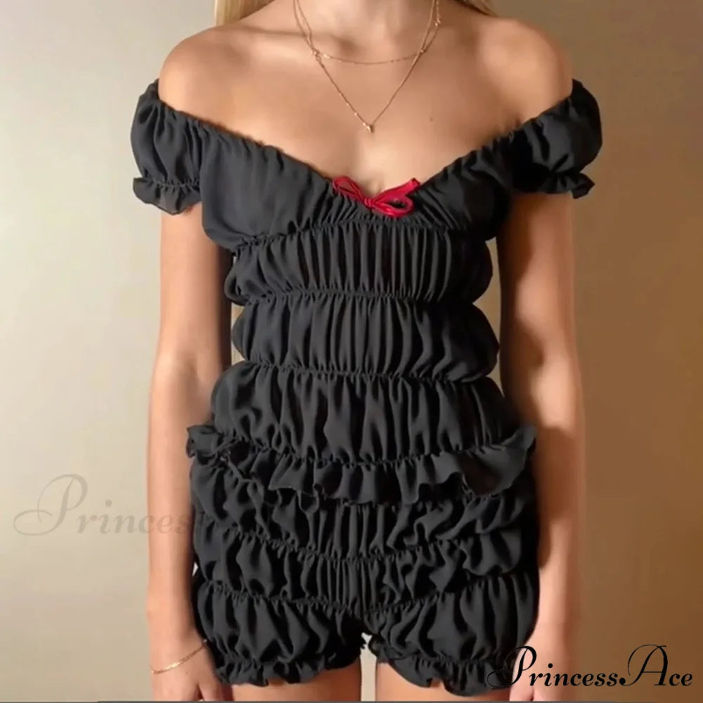 Women 2 Piece Matching Set Ruffle Off Shoulder Smocked Tops and Bloomers Coquette Pajamas Short Black / S