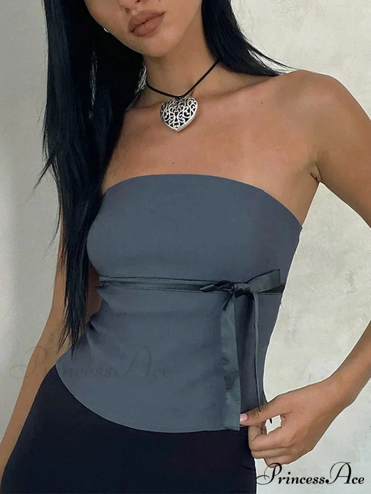 Women 2024 Harajuku Pullover Strapless Bowtie Patchwork Skinny Crops Camisole Shirt Outfits Tank top