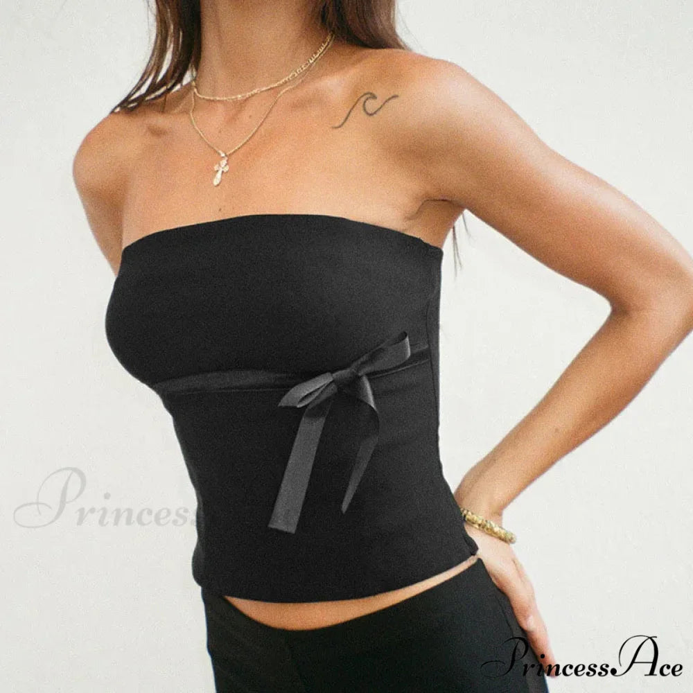 Women 2024 Harajuku Pullover Strapless Bowtie Patchwork Skinny Crops Camisole Shirt Outfits Tank top Black / S