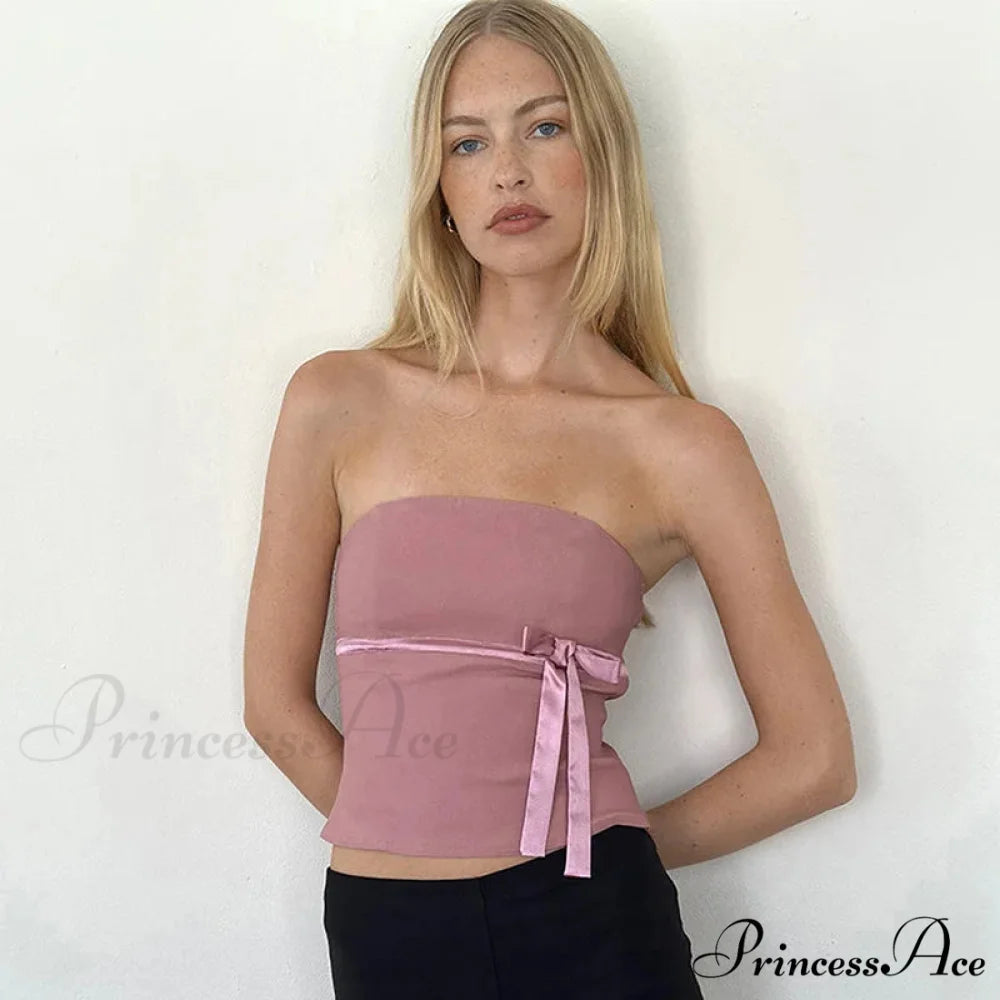 Women 2024 Harajuku Pullover Strapless Bowtie Patchwork Skinny Crops Camisole Shirt Outfits Tank top Pink / S