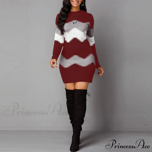 Women Autumn Elegant O-Neck Wave Striped Mini Dress red / S