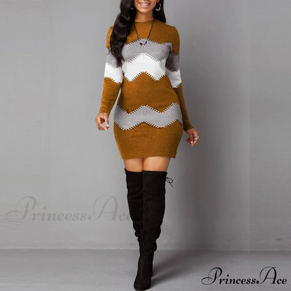 Women Autumn Elegant O-Neck Wave Striped Mini Dress yellow / S