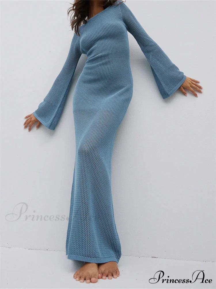 Women Autumn Knitted Solid Sleeve Round Neck Backless Tie-Up Slim Party Beach Female Vestidos BLUE / S