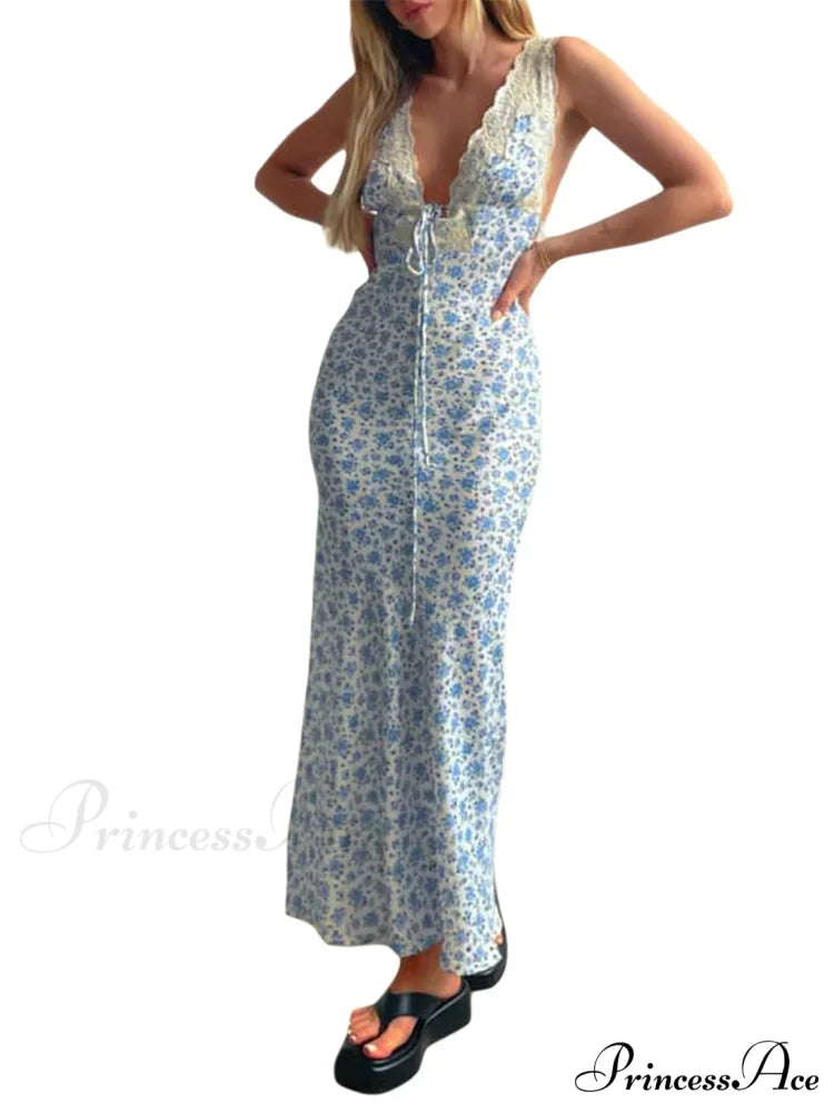 Women Backless Sexy Floral Print Sleeveless Lace V-neck Cocktail Slim Spaghetti Strap Vestidos Party