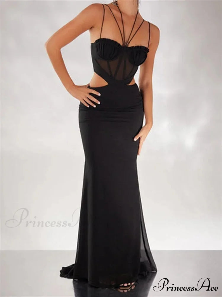 Women Black Halter Sleeveless Slim Waist Hollow Out Spaghetti Strap Evening Summer Female Vestidos BLACK / S